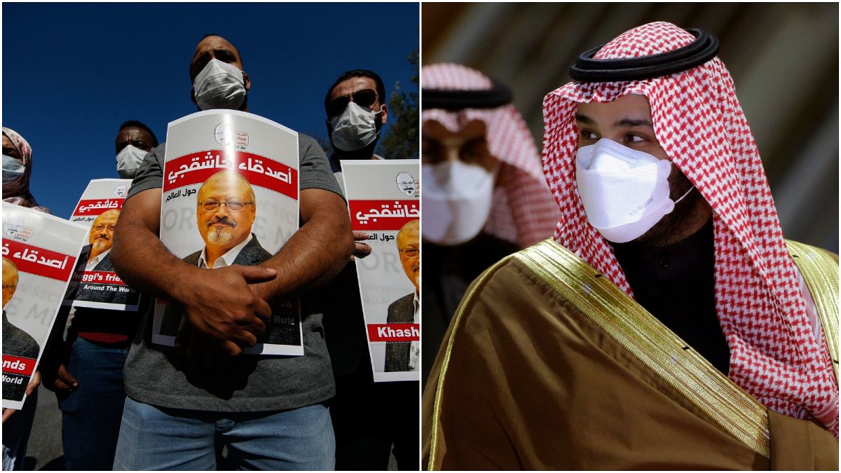 ولي العهد السعودي محمد بن سلمان (يمين) مظاهرة تطالب بتحقيق عادل في مقتل الصحفي جمال خاشقجي (يسار)