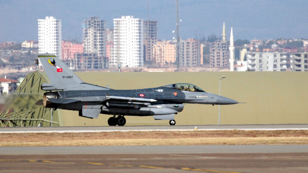 A Turkish Air Force F16 fighter jet prepares to take off after Defense Secretary Ash Carter visited the Incirlik Air Base