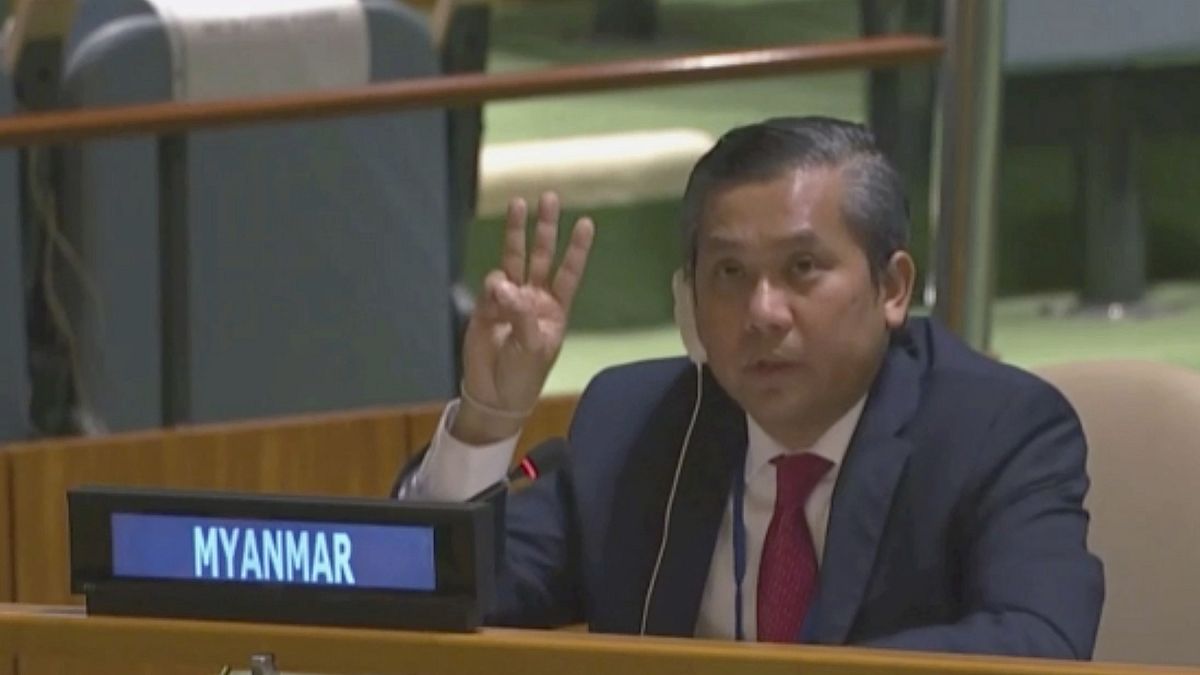 Myanmar Ambassador to the United Nations Kyaw Moe Tun flashes the three-fingered salute at the U.N. General Assembly at the United Nations Friday, Feb. 27, 2021. 