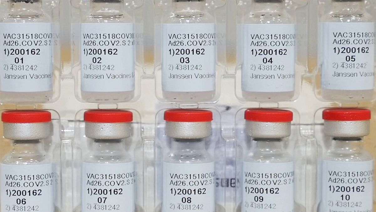 Vials of the Janssen COVID-19 vaccine, Johnson & Johnson’s single-dose injection.