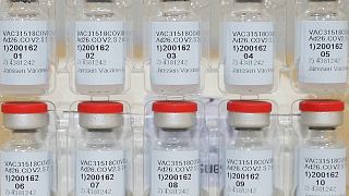 Vials of the Janssen COVID-19 vaccine, Johnson & Johnson’s single-dose injection.