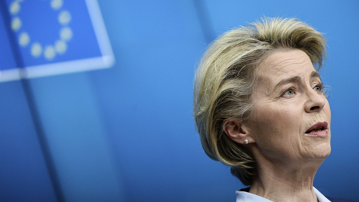 European Commission President Ursula von der Leyen speaks during a media conference at the end of an EU summit in Brussels, Feb. 26, 2021.
