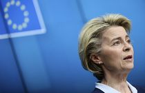 European Commission President Ursula von der Leyen speaks during a media conference at the end of an EU summit in Brussels, Feb. 26, 2021.