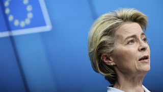 European Commission President Ursula von der Leyen speaks during a media conference at the end of an EU summit in Brussels, Feb. 26, 2021.