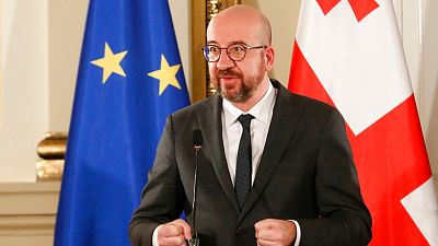 European Council President Charles Michel speaks during a joint news briefing with Georgia's President Salome Zurabishvili in Tbilisi,