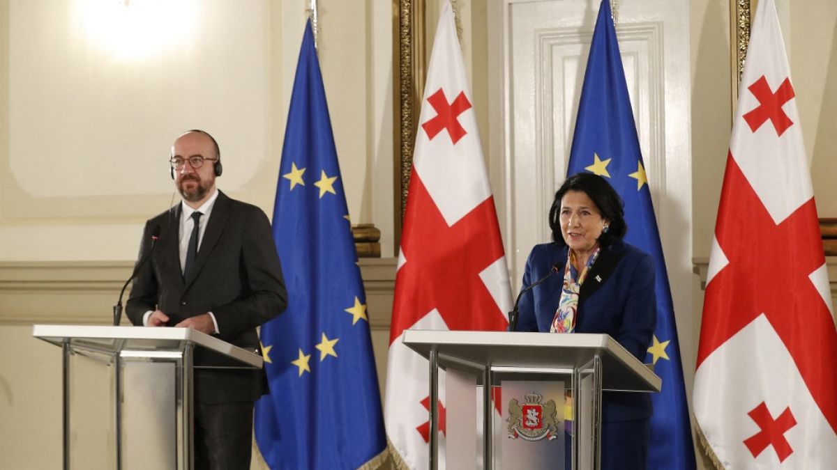 Georgian President Salome Zurabishvili and European Council President Charles Michel during their meeting in Tbilisi