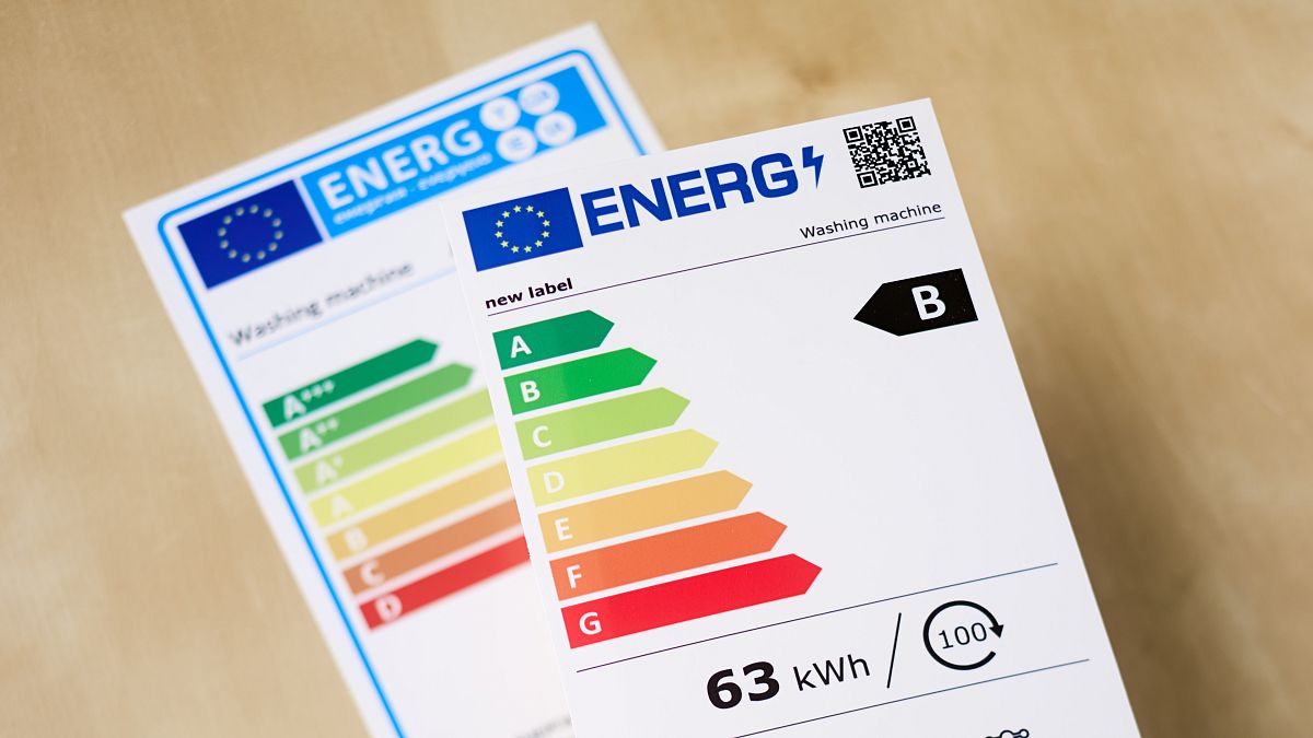 The old EU energy label, on the left, and the new energy label, on the right, with a QR code 