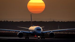 An aircraft rolls to the start at the airport in Frankfurt, Germany