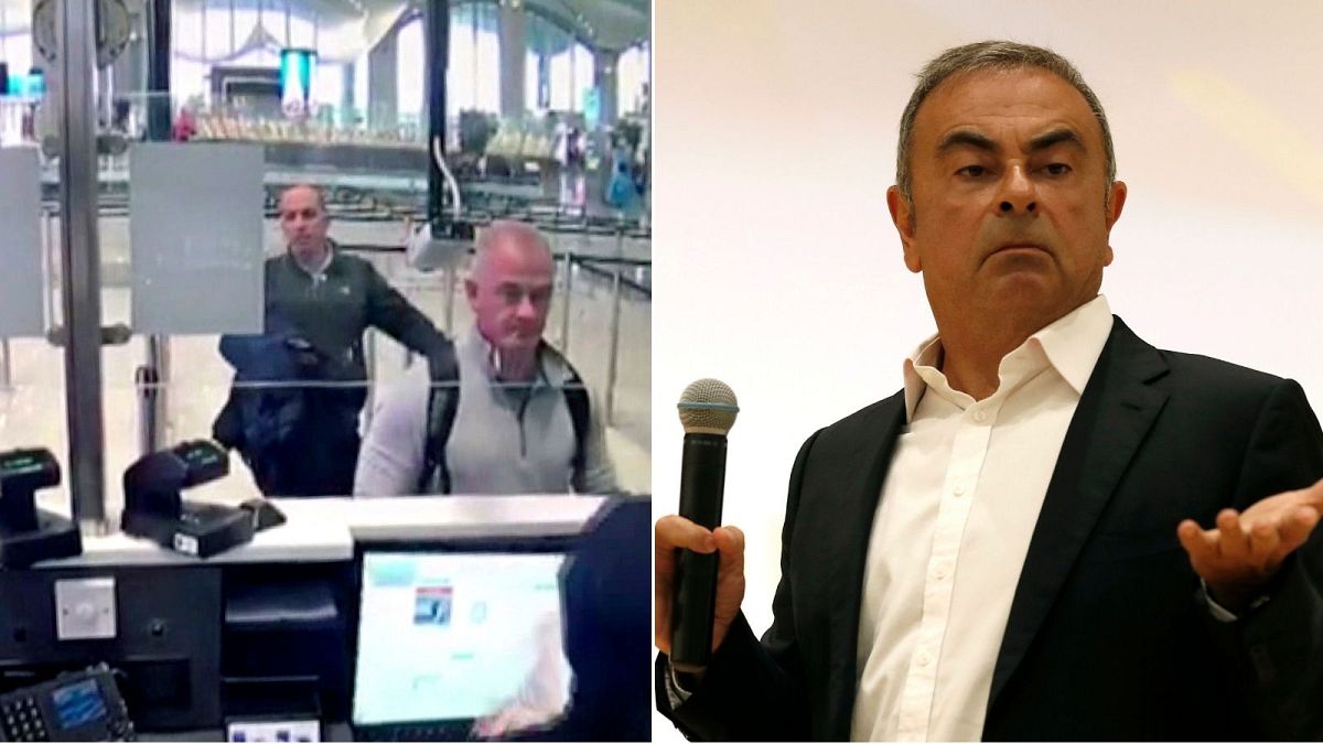 À gauche, Michael L. Taylor et George-Antoine Zayek, vidéosurveillance à l'aéroport d'Istanbul, le 30/12/2019. À droite, Carlos Ghosn au Liban, le 29/09/2020.