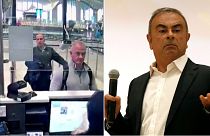 À gauche, Michael L. Taylor et George-Antoine Zayek, vidéosurveillance à l'aéroport d'Istanbul, le 30/12/2019. À droite, Carlos Ghosn au Liban, le 29/09/2020.