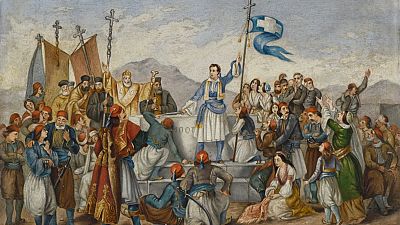 Ο όρκος του λόρδου Βύρωνα στο Μεσολόγγι, λάδι σε μουσαμά, 16x19 εκ.,. Αντίγραφο του ομότιτλου έργου του Ludovico Lipparini (1802-1856).