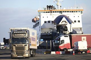 The P&O European Highlander ferry arrives into the port of Larne, Northern Ireland, Saturday, Dec. 12, 2020.
