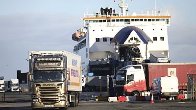 The P&O European Highlander ferry arrives into the port of Larne, Northern Ireland, Saturday, Dec. 12, 2020.