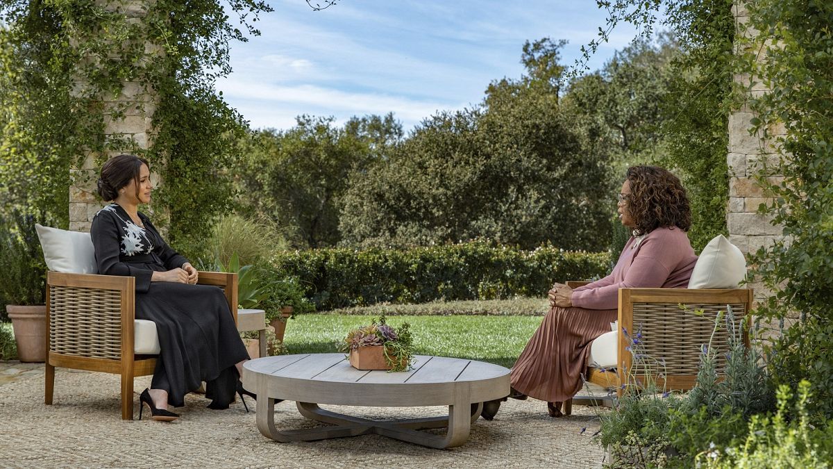 Meghan, The Duchess of Sussex, left, in conversation with Oprah Winfrey.