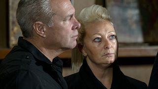 Charlotte Charles, mother of Harry Dunn, is joined by husband Bruce Charles, left, (step father of Dunn) at a news conference in New York on Oct. 14, 2019.