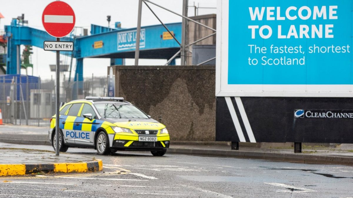 A police vehicle patrols at the Port of Larne in County Antrim, Northern Ireland