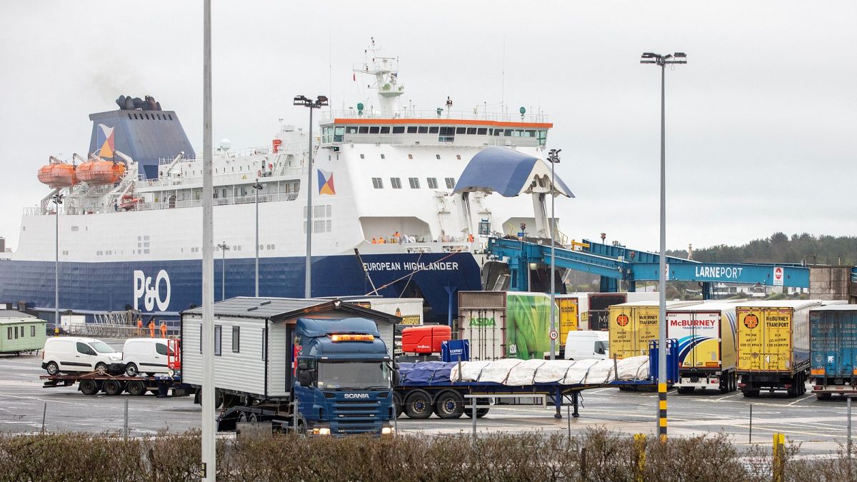 A P&0 ferry arrives at the Port of Larne in County Antrim, Northern Ireland on February 2, 2021.