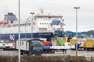 A P&0 ferry arrives at the Port of Larne in County Antrim, Northern Ireland on February 2, 2021.