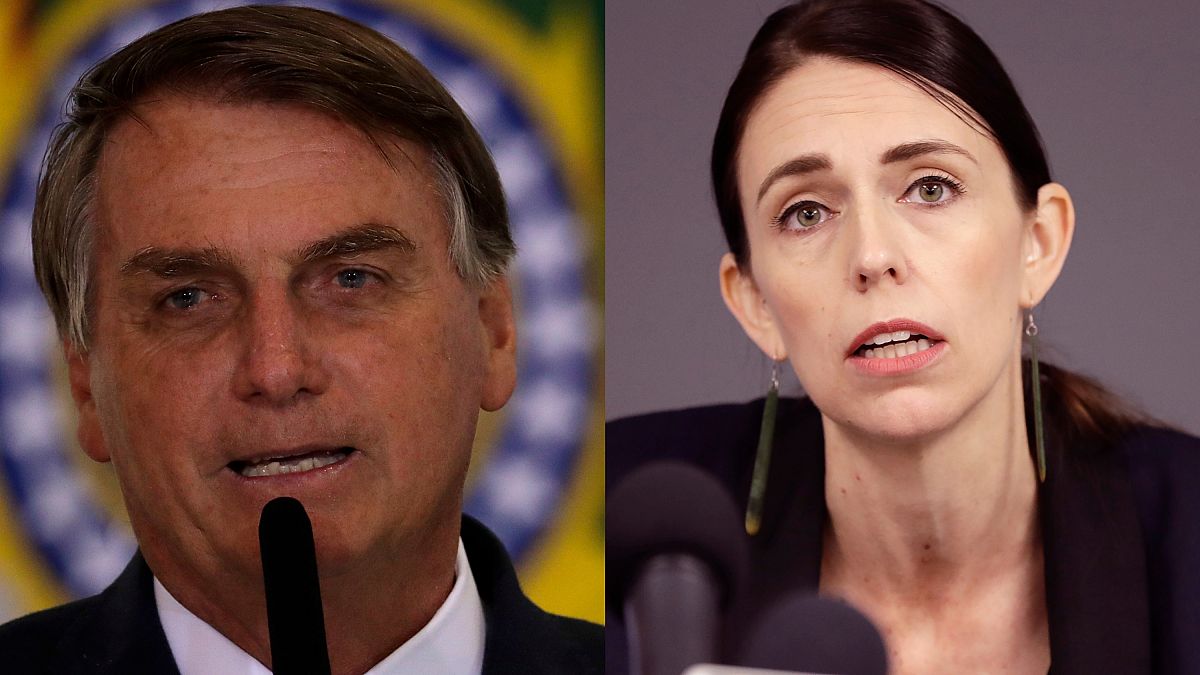 A la izquierda, el presidente de Brasil Jair Bolsonaro; a la derecha, la primera ministra de Nueva Zelanda Jacinda Ardern.