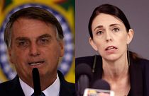 A la izquierda, el presidente de Brasil Jair Bolsonaro; a la derecha, la primera ministra de Nueva Zelanda Jacinda Ardern.