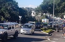 Traffic slowly works up to high ground at Whangarei, New Zealand, as a tsunami warning is issued Friday, March 5, 2021. 