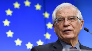 EU foreign policy chief Josep Borrell speaks at the European Council building in Brussels. March 1, 2021.