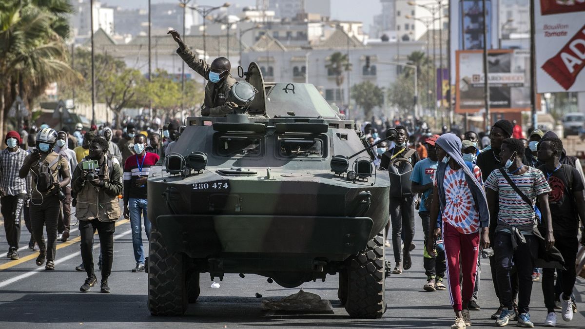 Senegalese troops arrive to assist police during protests against the arrest of opposition leader Ousmane Sonko in Dakar, Senegal, Friday, March 5, 2021.