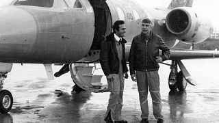 FILE: In this file photo taken on February 22, 1977, Olivier Dassault (L), grandson of Marcel Dassault, poses after the flight of the 100th Falcon 10  aircraft.