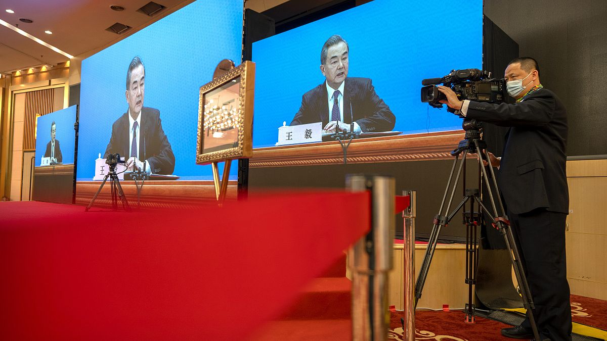 Chinese Foreign Minister Wang Yi during a remote video press conference on the sidelines of the annual meeting of the National People's Congress in Beijin, March 7, 2021.