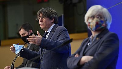 Catalan leader and MEP's Carles Puigdemont gestures as he gives a press conference at the EU parliament in Brussels 