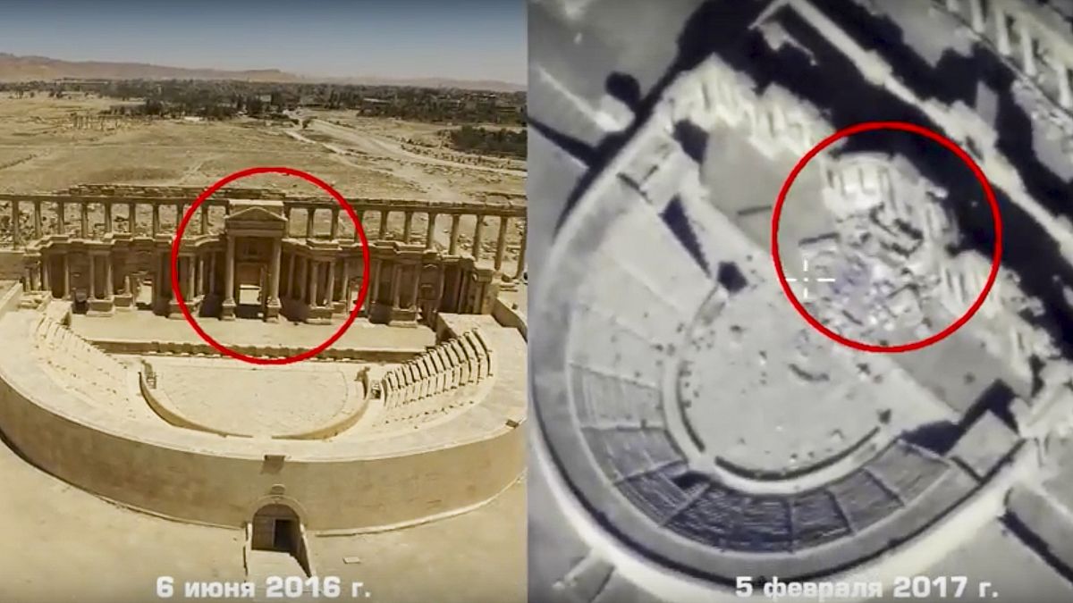 Footage taken from the Russian Defense Ministry official website, purports to show the Roman-era amphitheater on June 6, 2016, left, and on Feb. 5, 2017, right, in Palmyra.