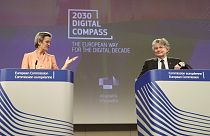 European Executive Vice-President Margrethe Vestager and European Commissioner in charge of internal market Thierry Breton on internet entitled '2030 Digital Compass