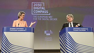 European Executive Vice-President Margrethe Vestager and European Commissioner in charge of internal market Thierry Breton on internet entitled '2030 Digital Compass