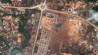 Image satellite du camp militaire de Bata soufflé par les explosions, 9 mars 2021