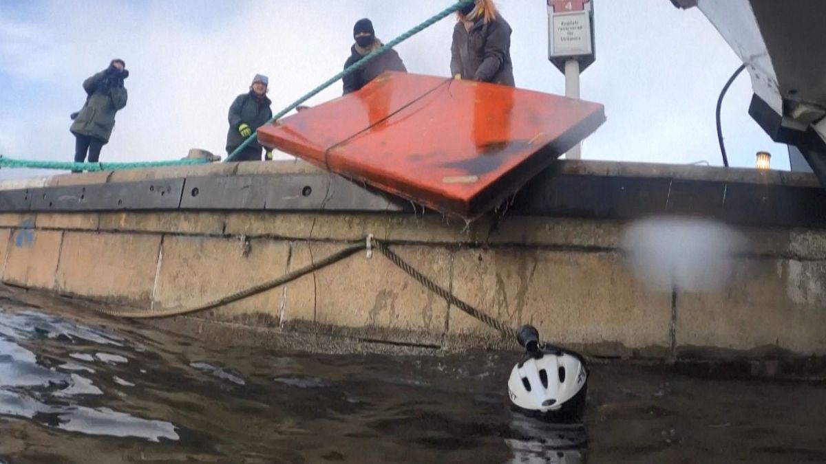 Volunteers pull a metal object out of the water in Stockholm found by diver, Frederik Johasson.