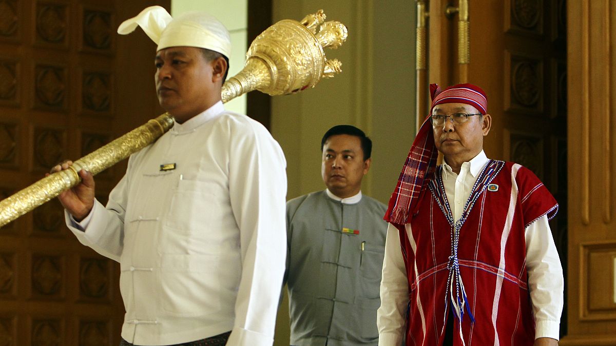 Mahn Win Khaing Thanm, then Parliament Chairman, arrives to attend the first day of a regular session of the Union Parliament in Naypyitaw, Myanmar, Jan. 30, 2017.