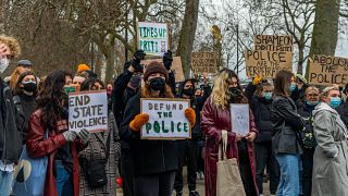 Demonstrators in London on Sunday, March 14, 2021 to protest police clashes at a Sarah Everard vigil the following day.