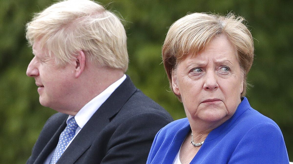 German Chancellor Angela Merkel welcomes Britain's Prime Minister Boris Johnson for a meeting at the Chancellery in Berlin, Germany, Wednesday, Aug. 21, 2019