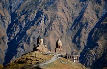 4th century Gergeti church in the village of Stepantsminda (former Kazbegi) close to Russian-Georgian border, some 160 km north of the capital Tbilisi.