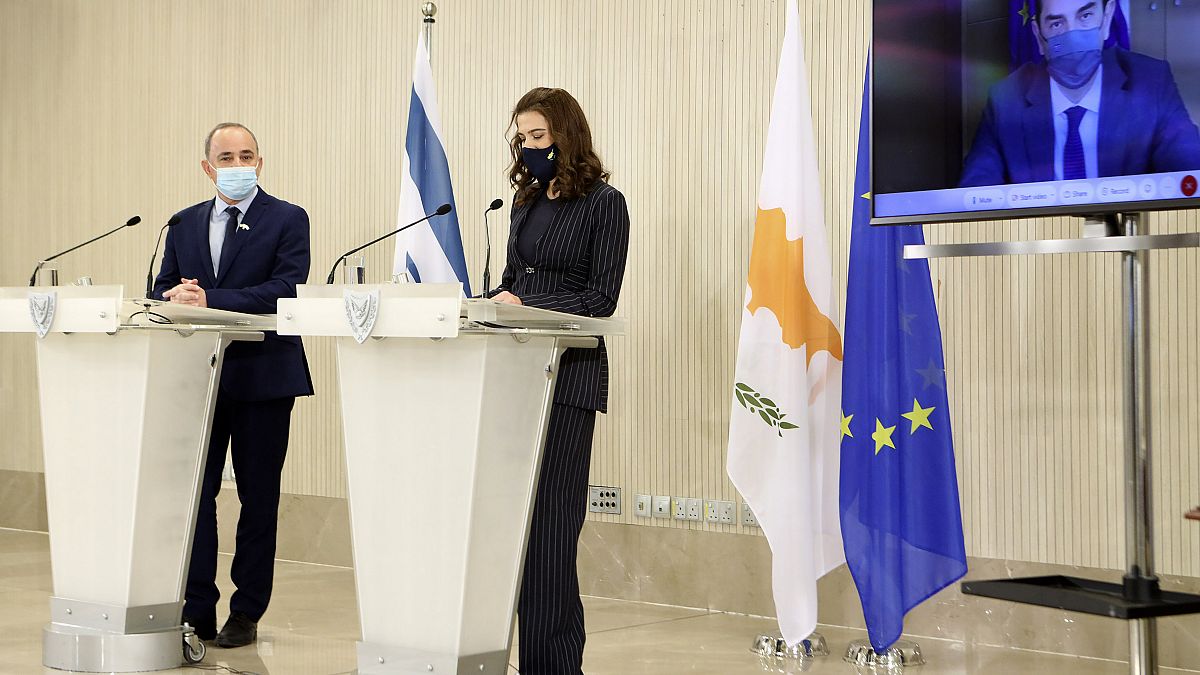 Israeli Energy Minister Yuval Steinitz, Cyprus Energy Minister Natasa Pilides, and Greece's Environment & Energy Minister Kostas Skrekas during a press conference in Nicosia.