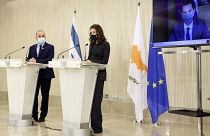 Israeli Energy Minister Yuval Steinitz, Cyprus Energy Minister Natasa Pilides, and Greece's Environment & Energy Minister Kostas Skrekas during a press conference in Nicosia.
