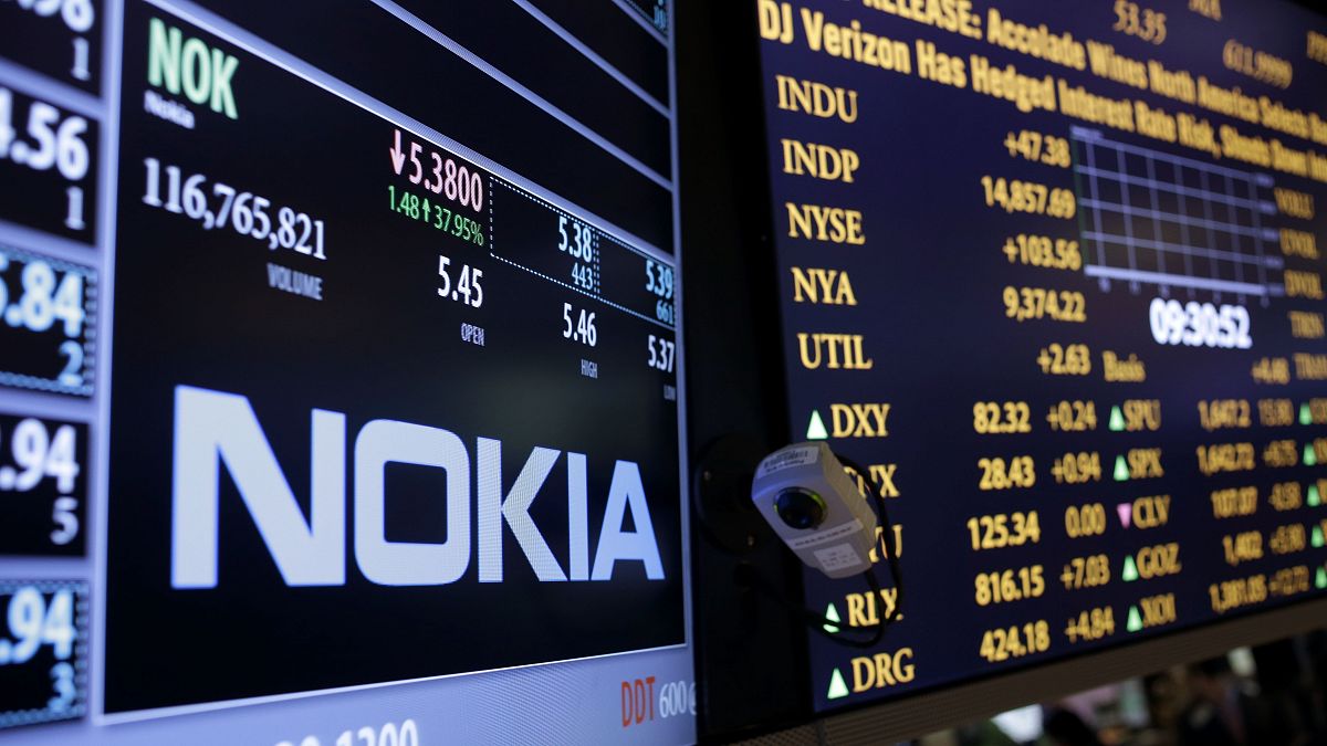 The Nokia brand name is displayed on the floor of the New York Stock Exchange in New York. 