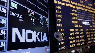 The Nokia brand name is displayed on the floor of the New York Stock Exchange in New York. 