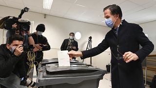 Dutch caretaker Prime Minister Mark Rutte of the VVD Liberal party votes in the Dutch general election in The Hague, Netherlands, March 17, 2021. 