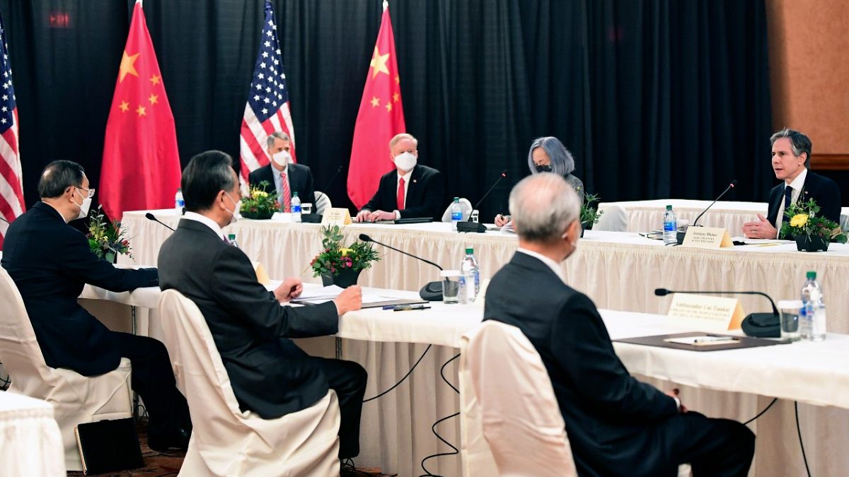 Senior Chinese and US officials including Secretary of State Antony Blinken, far right, at the US-China talks in Anchorage, Alaska, Thursday, March 18, 2021.  