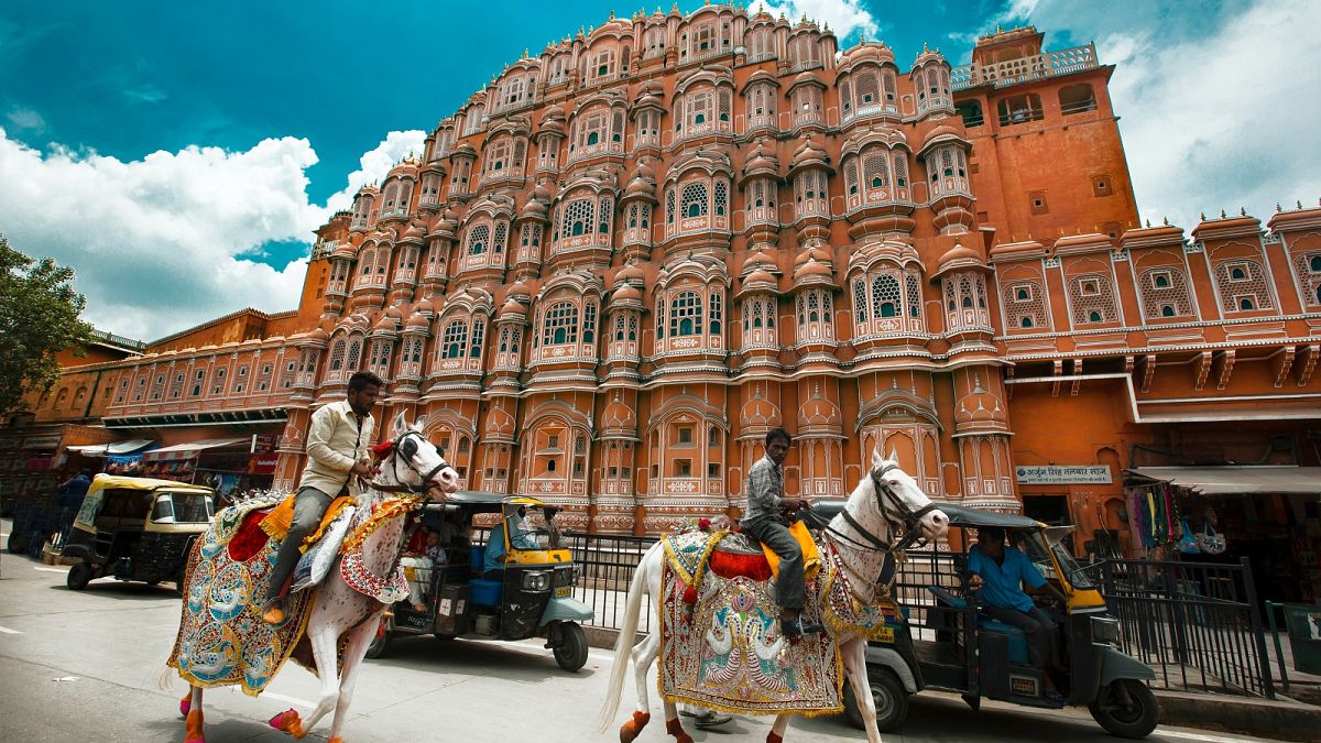 The pink-coloured Hawa Mahal in Jaipur, India.