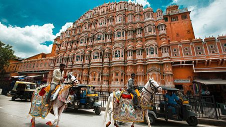 The pink-coloured Hawa Mahal in Jaipur, India.