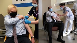 Left: UK PM Boris Johnson receives his first dose of the AstraZeneca coronavirus vaccine. Right: French PM Jean Castex receives his first dose of the AstraZeneca vaccine.