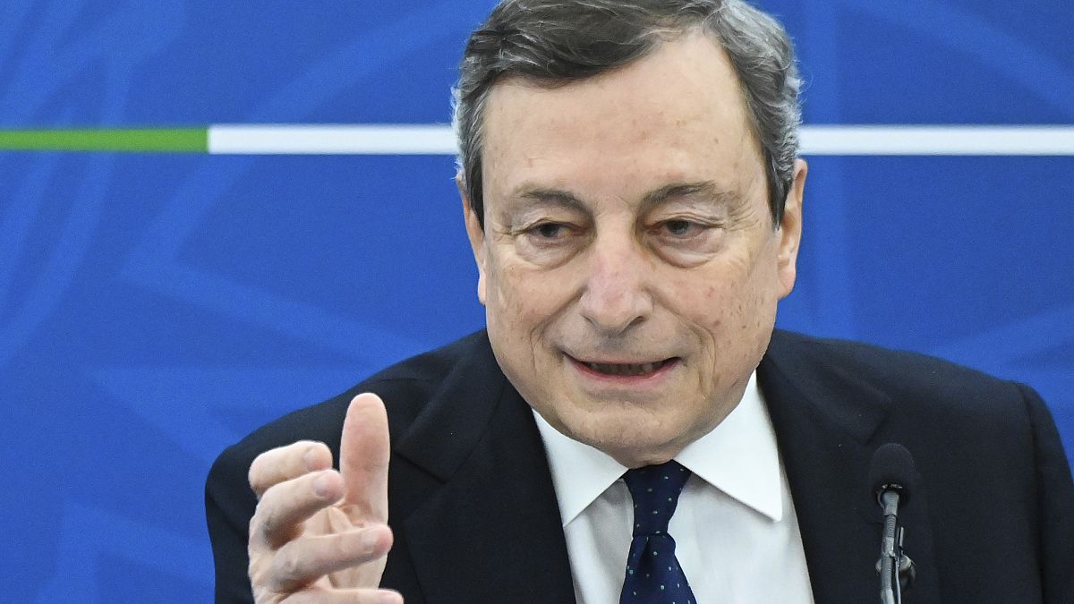 Italy's Prime Minister, Mario Draghi speaks during a press conference following a Cabinet meeting in Rome, Friday, March 19, 2021.