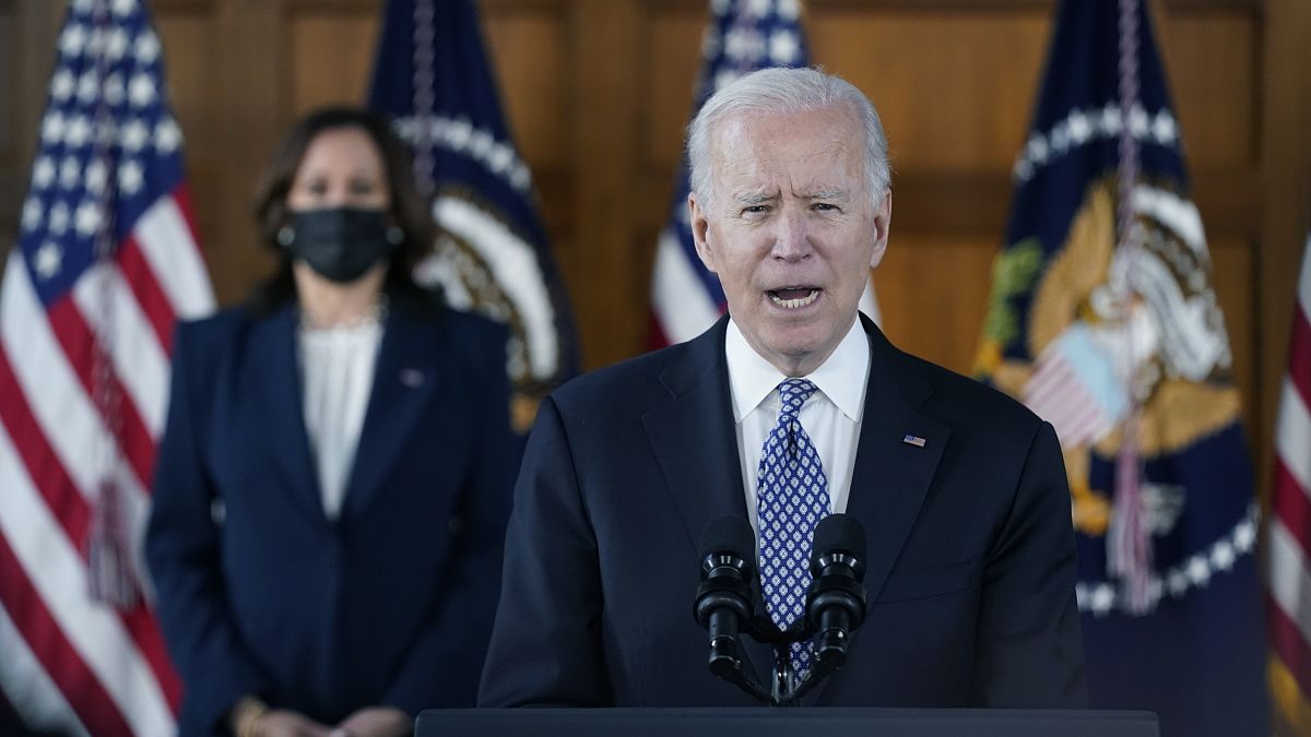 President Biden with Vice-President Harris after meeting leaders from Georgia's Asian-American and Pacific Islander community, March 19, 2021, at Atlanta's Emory University.